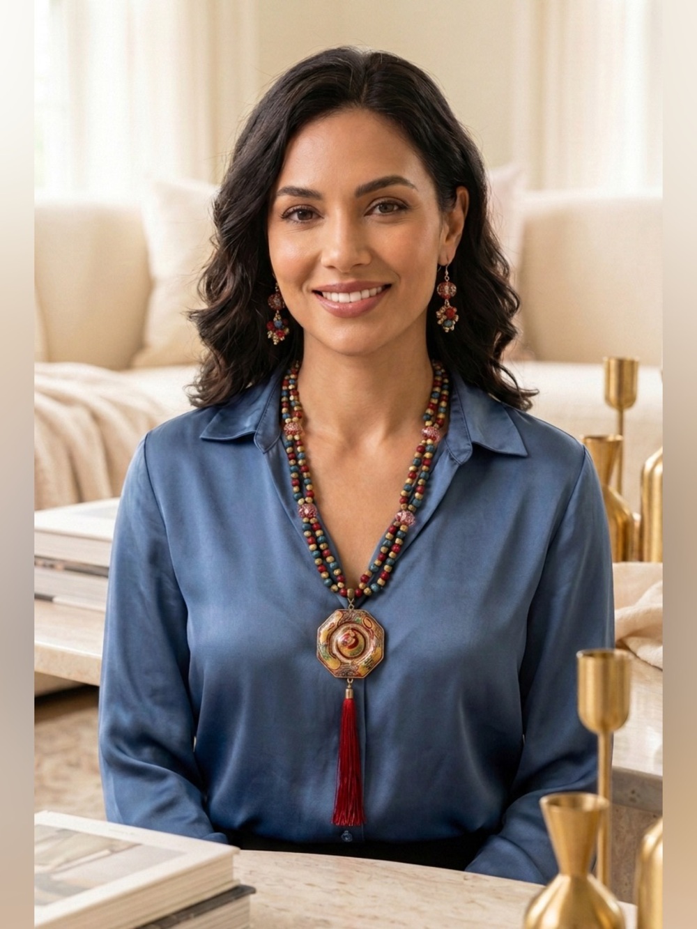 Handmade Glass Beaded Earrings & Necklace with Cloisonné Pendant & Red Tassel - Picture 7 of 7